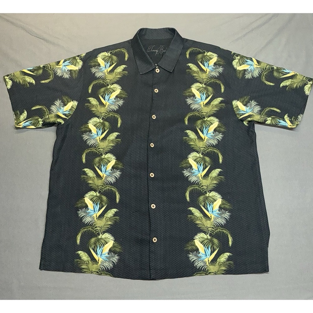 Tommy Bahama Shirt Mens XL Big Gray Silk Hawaiian Birds Paradise Camp Floral